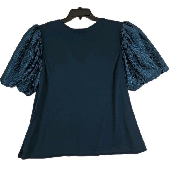 DR2~Woman Sz XL~ Dark Green Pleated Puff Satin Sleeve V-Neck Knit Top Blouse NWT - Picture 6 of 12
